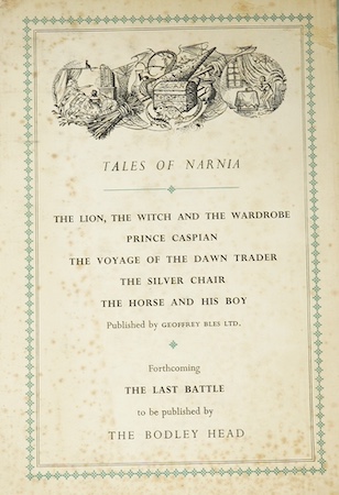 Lewis C.S - The Magician's Nephew, 1st edition, 8vo, illustrated by Pauline Baynes, original cloth, in unclipped d/j, The Bodley Head, London, 1955